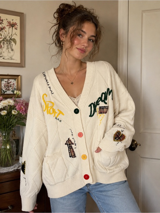 Ebossy Sweaters - Ebossy Patchwork Embroidered Button Cardigan Sweater Size M Cottagecore